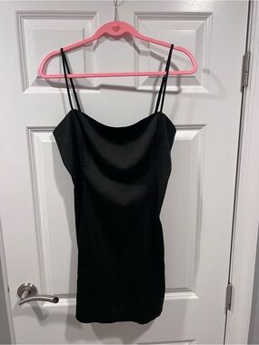 Sunday Best Black Satin Dress with Thin Zipper Detail
